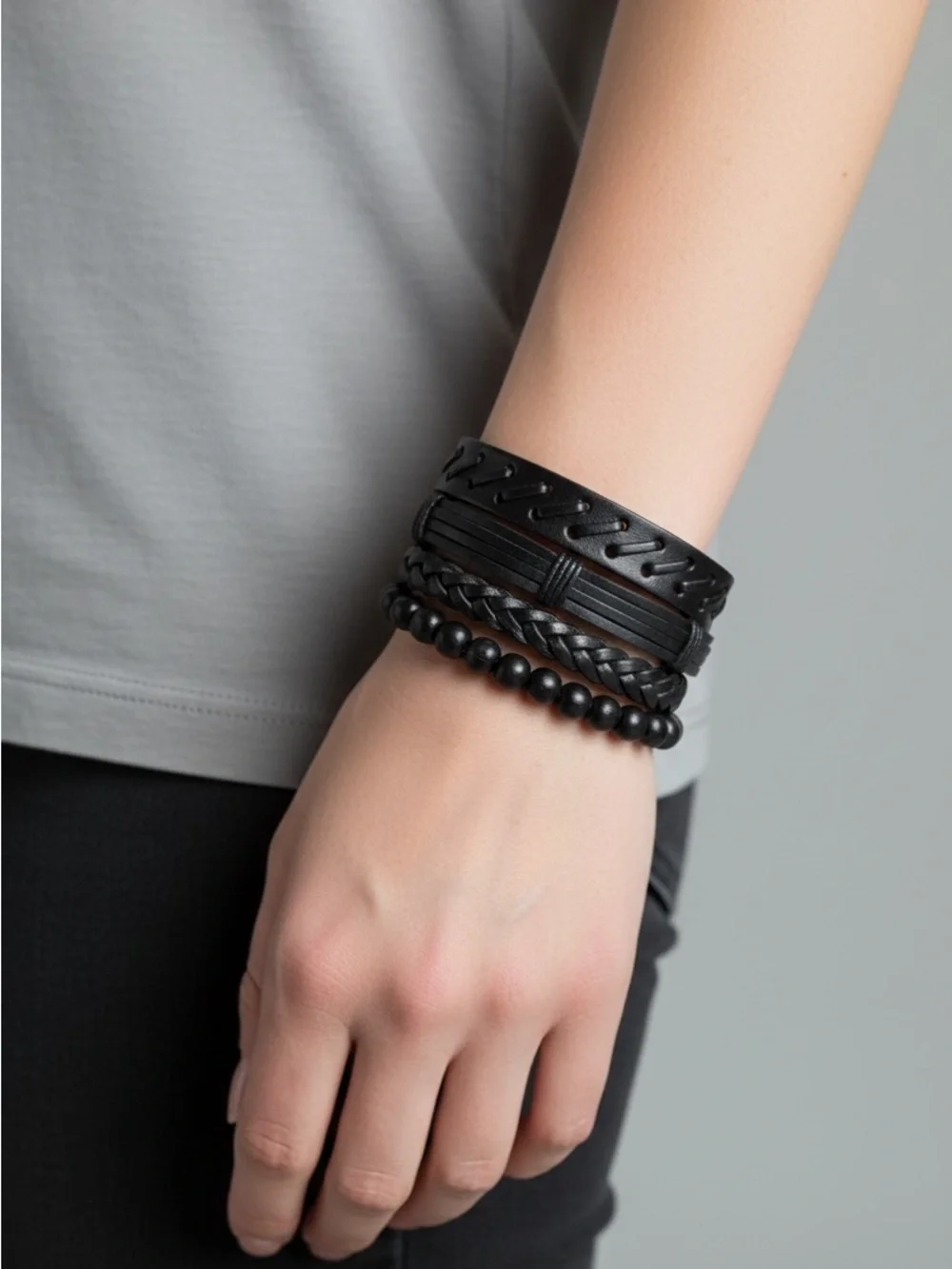 9/20 Black Multi-Strand Men's Leather & Bead Bracelet